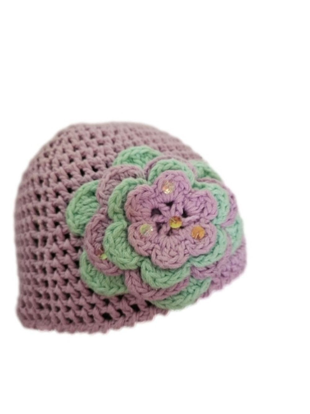 Hand Crafted upcycle crochet lavander Beanie handmade flower grannycore girl hat - Picture 5 of 17